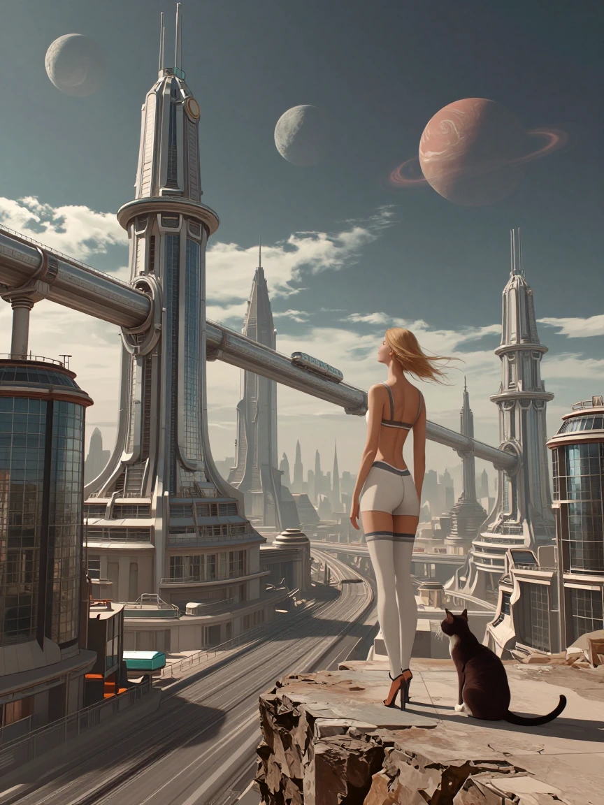 "futuristic alien city, futuristic metal alloy and glass architecture, aqueducts, magnetic-levitation trains, highways, single stunningly beautiful female figure with her cat stands on a cliff edge in foreground looking out/away over the city, very c