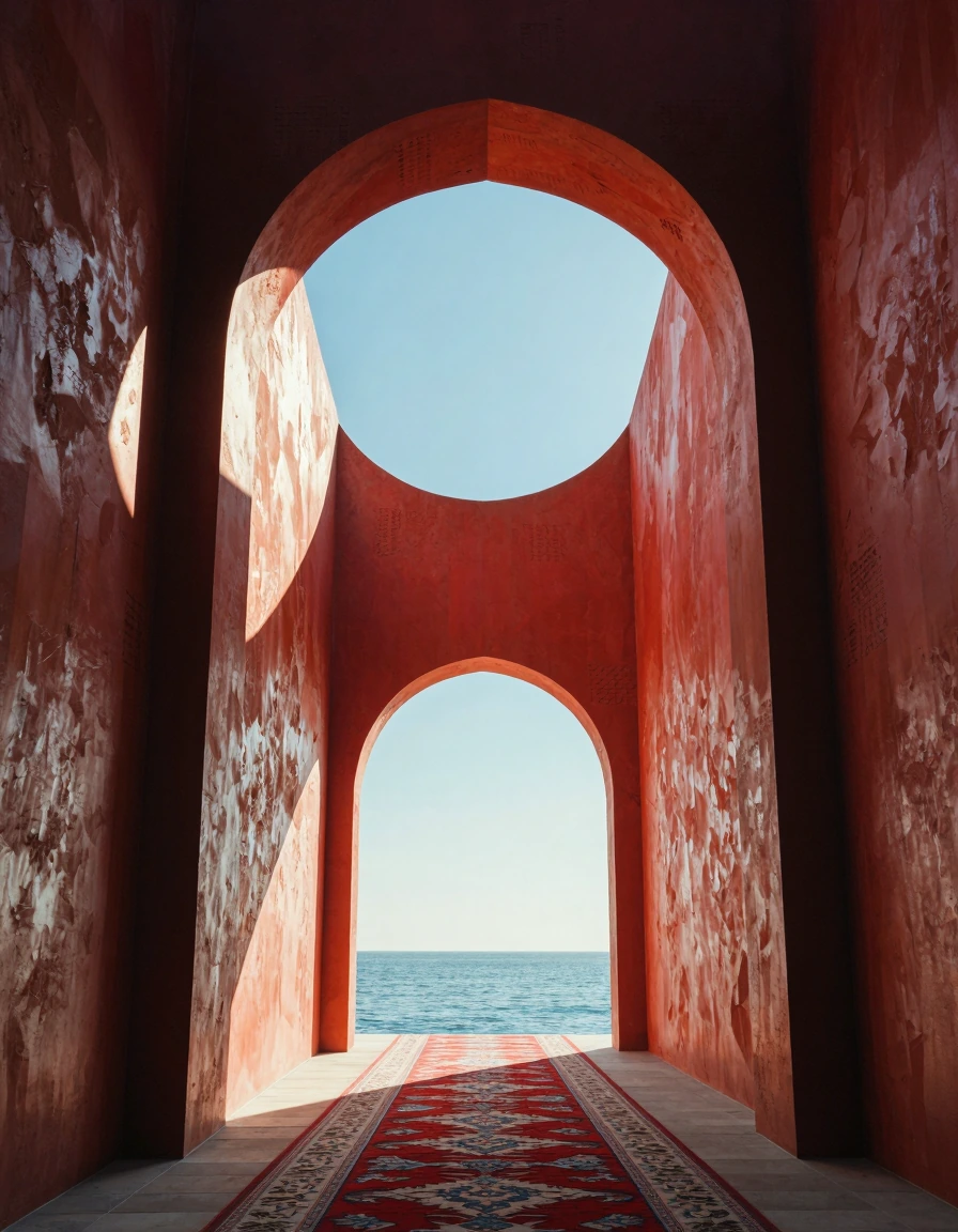 # Crimson Serenity A striking red architectural passage frames an azure seascape. Vibrant coral walls enclose the corridor, their textured surface glo