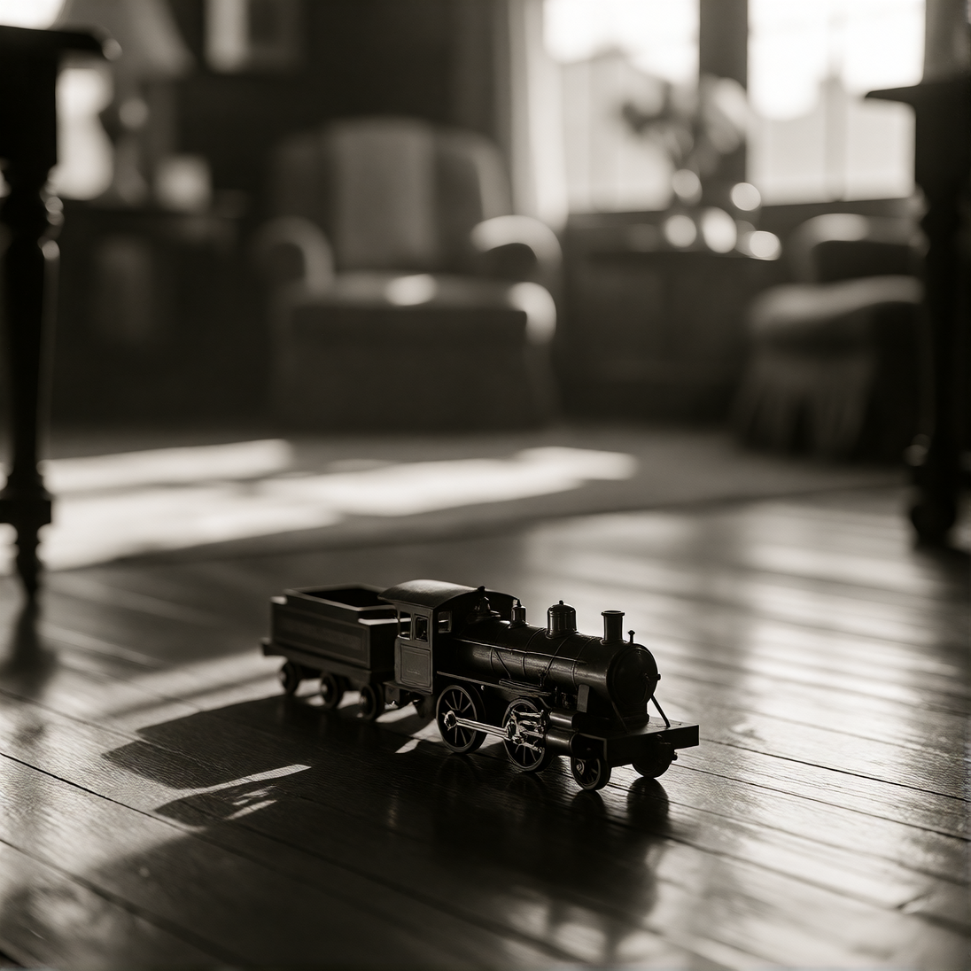 denver, 1923. a child's toy train sits abandoned on hardwood…