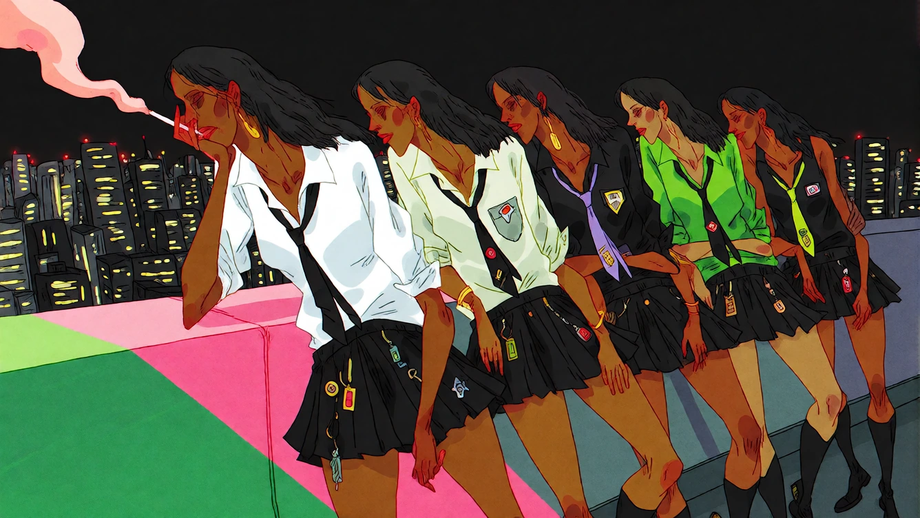 16:9 keyframe, high-grade illustration mixed with raw hand-drawn animation and bold graphic style, thick imperfect black outlines, flat cel-shading, s