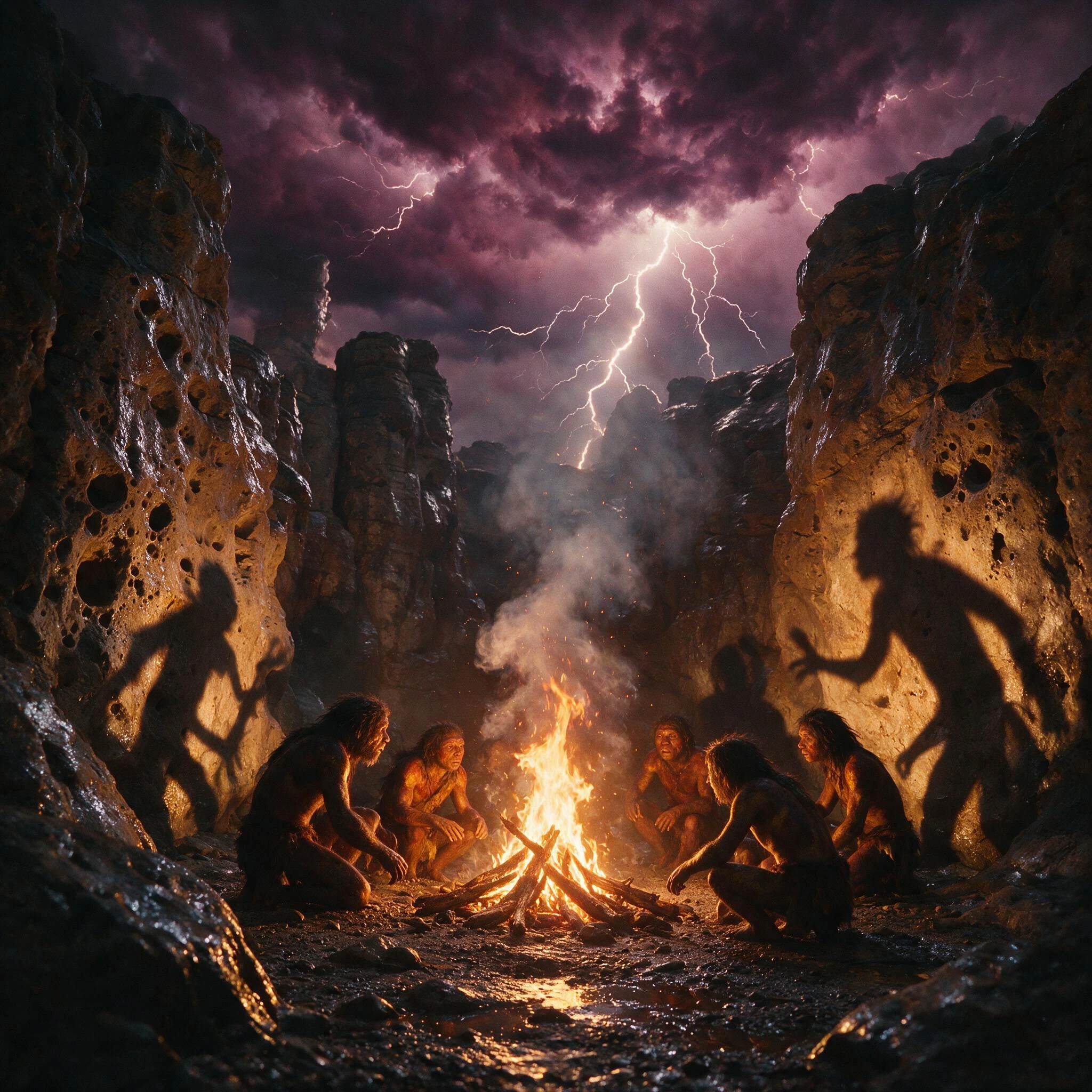 Prehistoric humans huddled around first flame in a ravine beneath a bruised, storm-heavy sky—lightning cracks reflect off wet stone. Firelight flickers across their weathered faces and ochre-painted bodies. Smoke rises through ancient rock formations