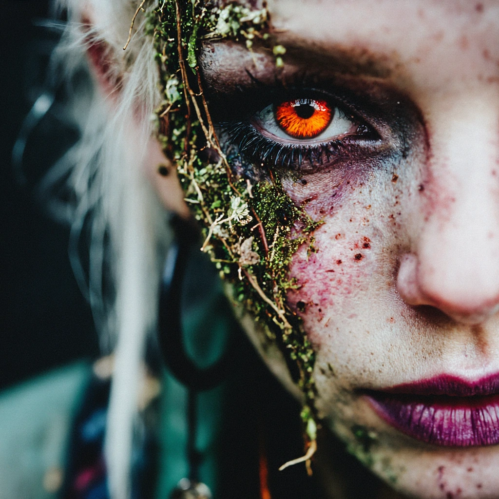 amateur photo,film grain, Analog film photography, masterpiece, bokeh, depicting a close-up of a woman's face. The focus is on her right eye, which is a striking, vivid orange with a black pupil, giving it a glowing effect. Her skin is pale with a fe