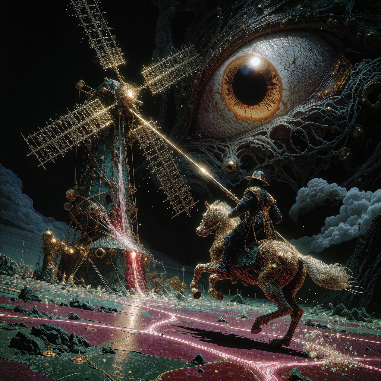 Don Quixote, on horseback, charges with his old wooden lance at a windmill that is in reality nothing more than a skeletal drilling rig, whose blades 
