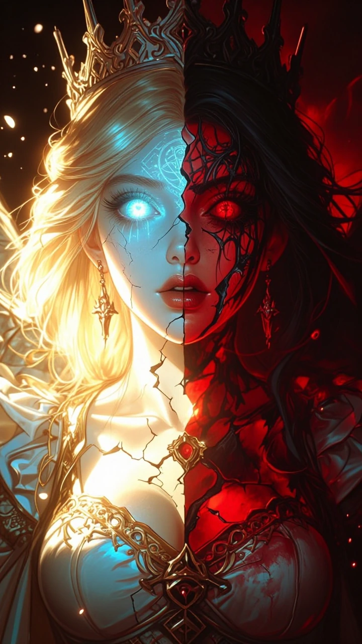 ​A dramatic, high-resolution first-person perspective portrait of a beautiful, cracked-porcelain angel undergoing a violent, internal corruption. She wears an intricate, filigreed silver and gold crown adorned with small, elegant angelic wings. Her f