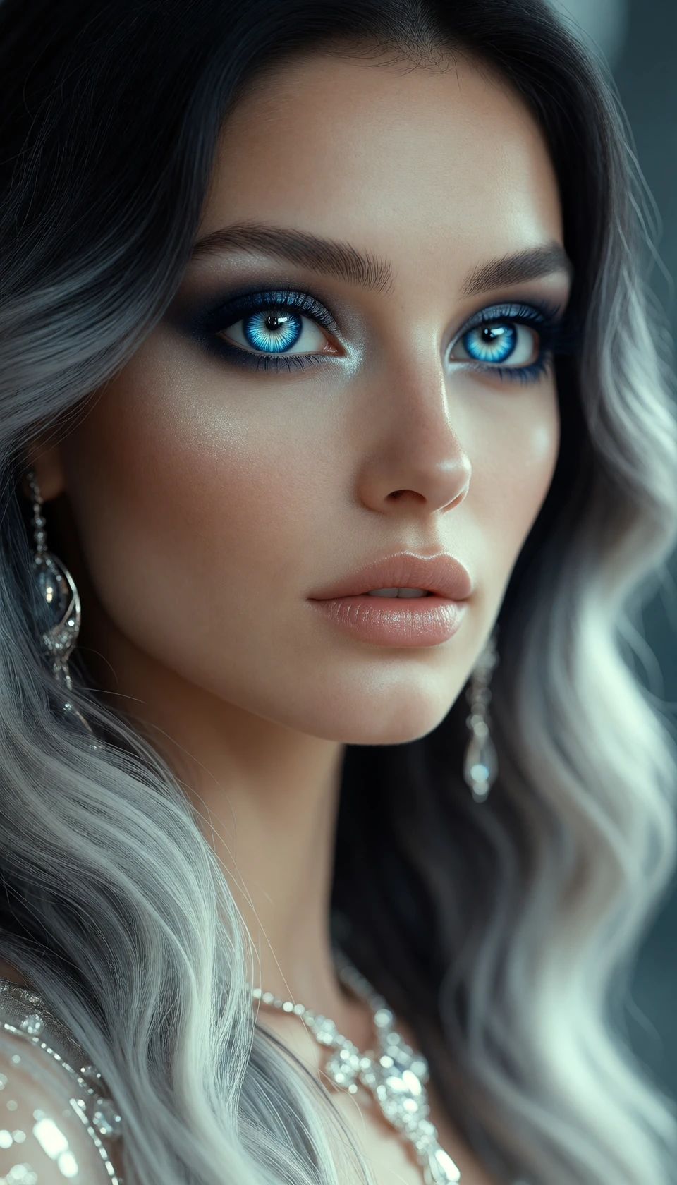 Close-up portrait of a beautiful supermodel from another dimension with striking, otherworldly eyes. Her irises are electric blue with a deep sapphire