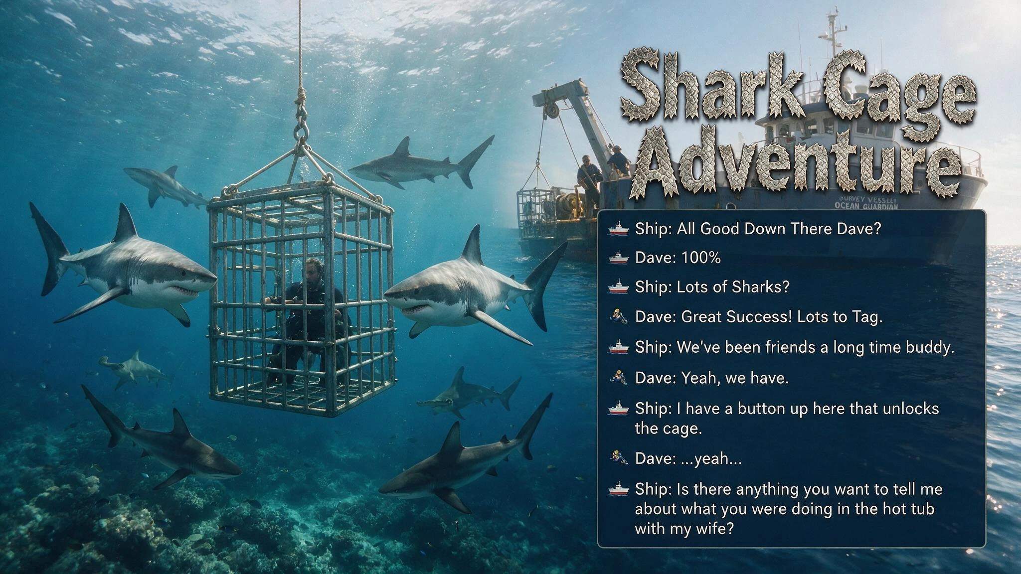 Shark Cage Adventure; Split-screen: A Shark Cage surrounded by various Sharks inside is a male diver. Title "Shark Cage Adventure" Right Hand side; a radio conversation between the diver and the ship above: Ship: All Good Down There Dave? Dave: 100% 