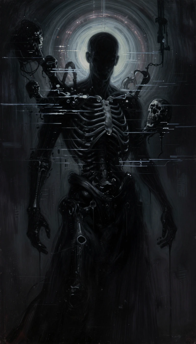In the abyss where light dies, A shadowed silhouette, echo of a heart. Under a spectral halo, life i…