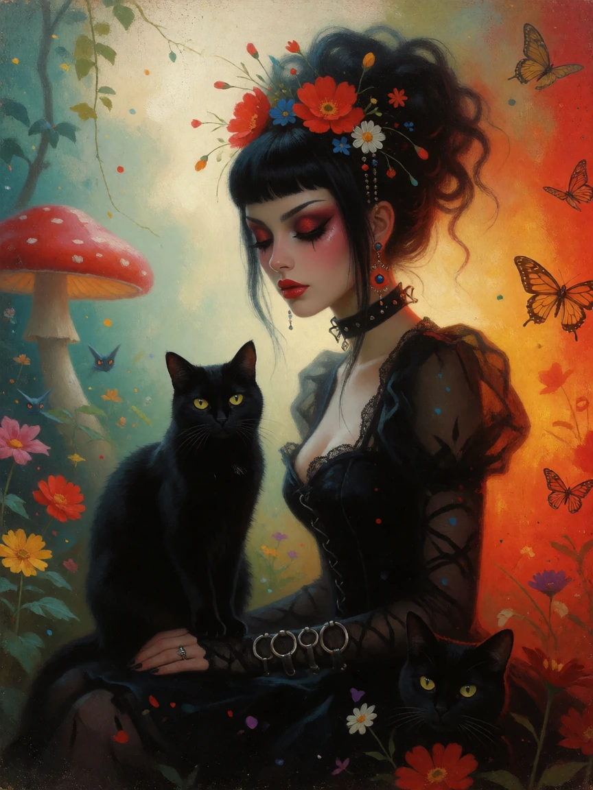 Create a cyberpunk Goth woman with a black cat in a dreamlike, painterly scene with vintage fantasy charm, rich colors, and textured details. Use bold hues against soft ambient light to add depth, warmth, and mystery. Ensure a poetic, surreal atmosph