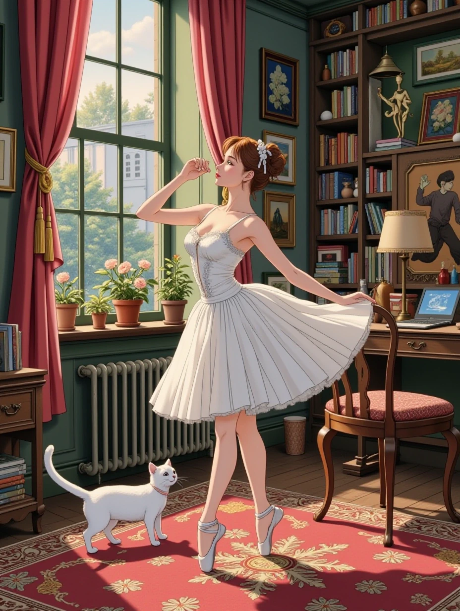 Delicate ballerina dancing in her studio with a cat nearby
