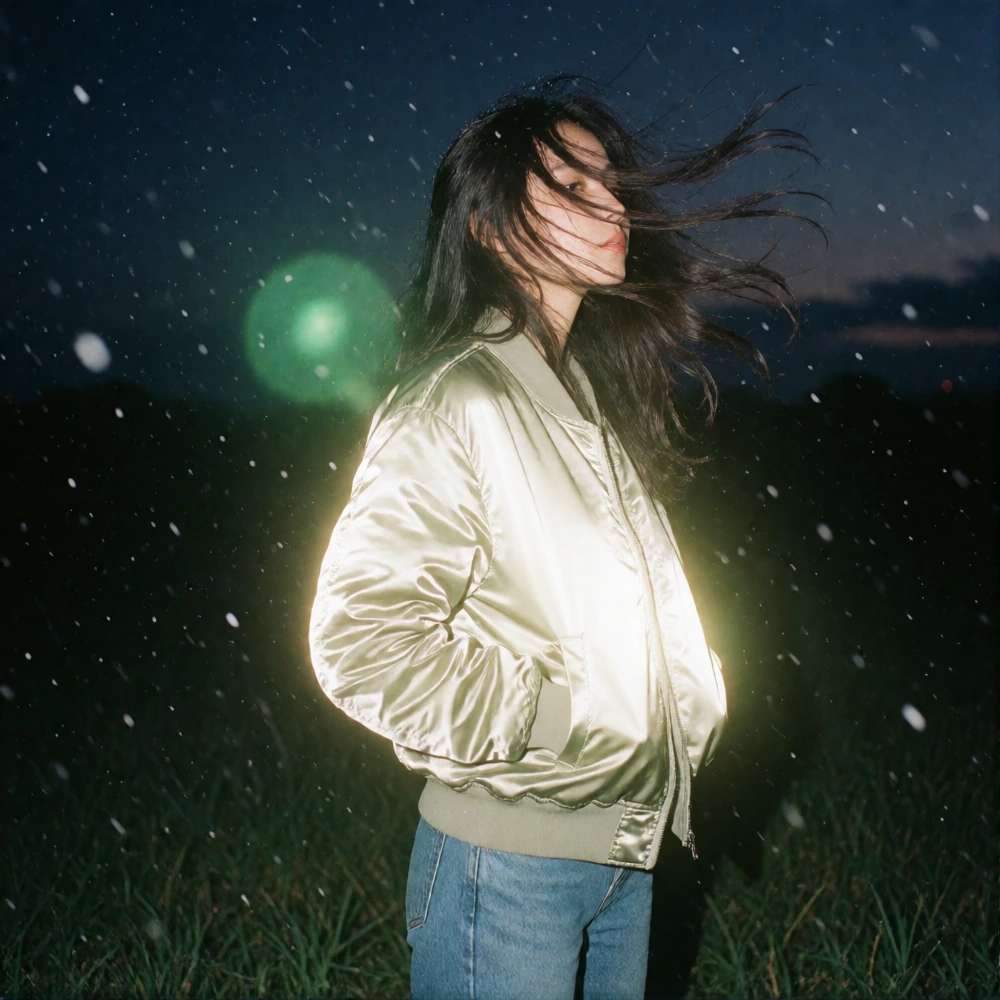 An experimental analog film snapshot of a young woman standing in a grassy field at night under a dark twilight sky. Captured in profile facing right, her long dark hair is blown wildly across her face by the wind. She wears a shiny, light olive-gree
