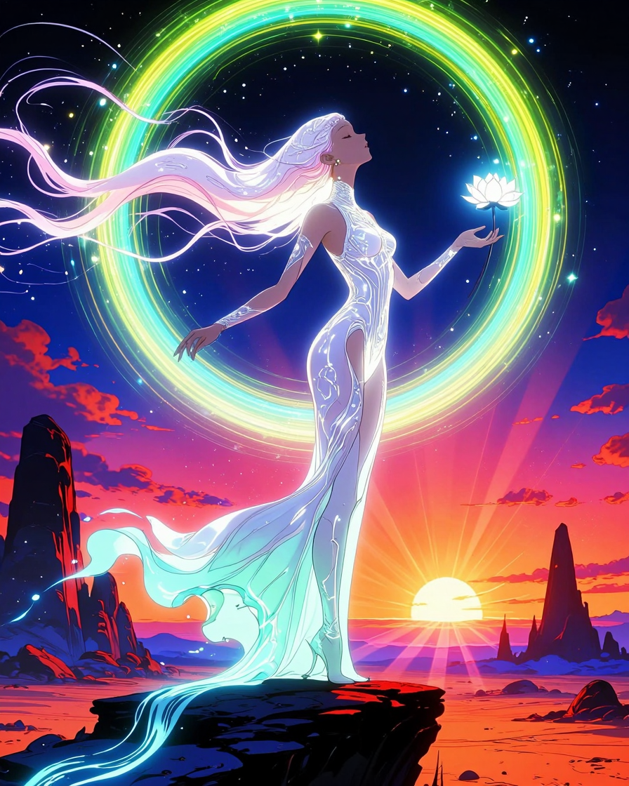 — A hyper-detailed, surreal fantasy portrait of a luminous ethereal woman standing atop a jagged dark rock formation in a vibrant alien landscape at t
