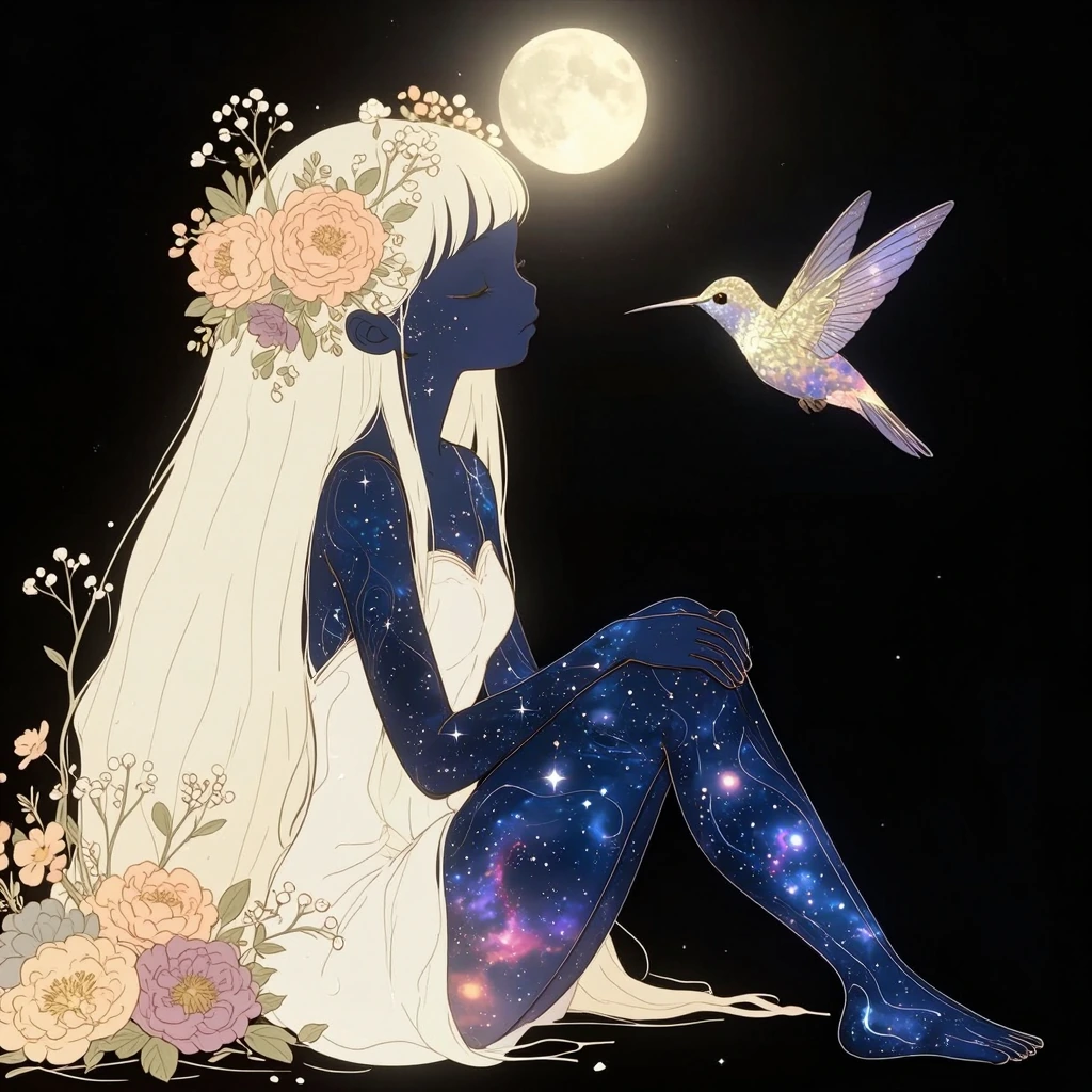 A figure with deep navy blue skin infused with subtle galaxy swirls — cosmic patterns, stars, and nebula-like textures flowing across their form — ren