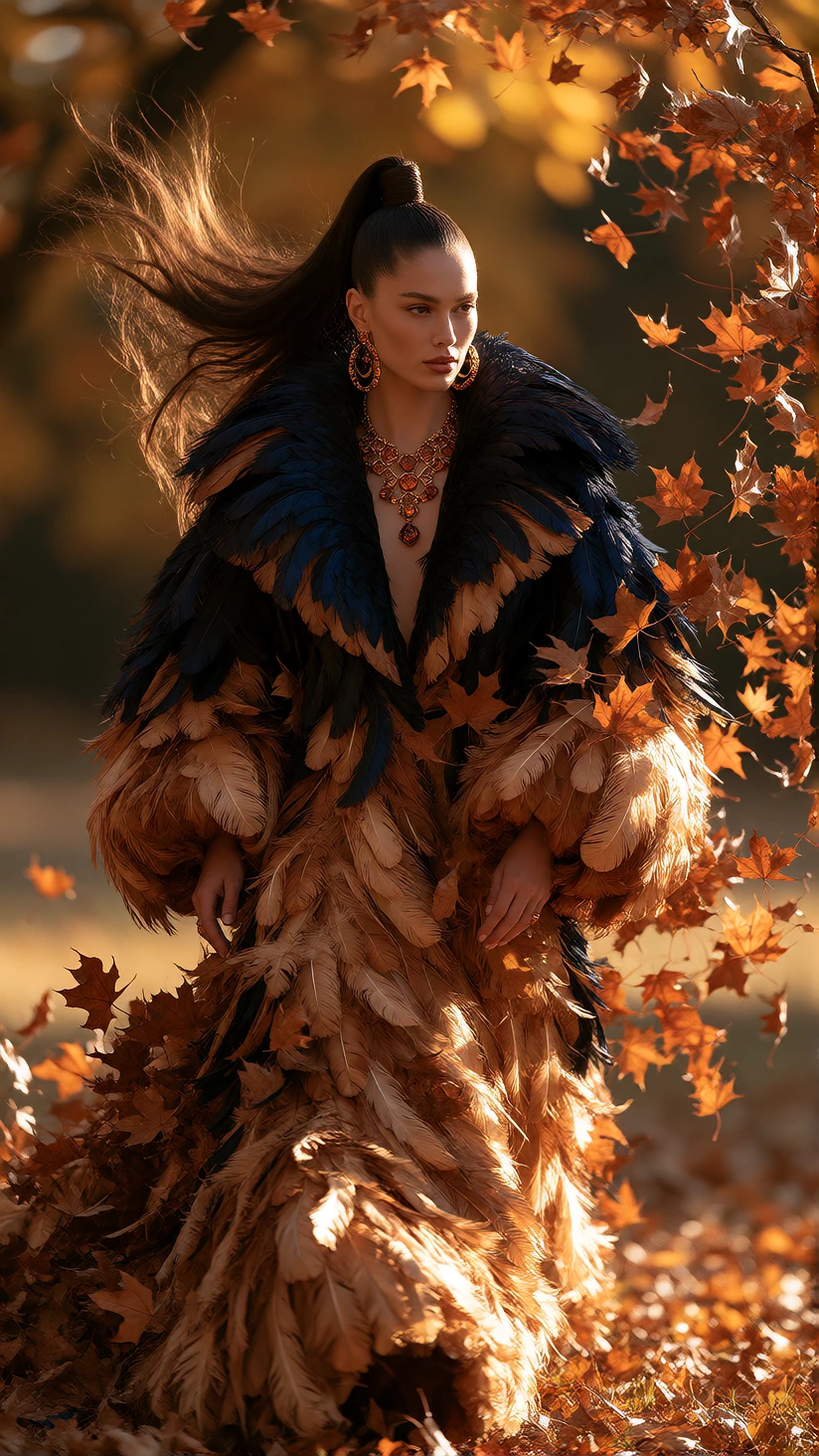 Fashion editorial in a golden autumn glade: dark-haired supermodel with severe high ponytail and amber jewellery, wearing a sculptural coat entirely constructed from layered indigo and bronze feathers—each feather individually placed to create a flar