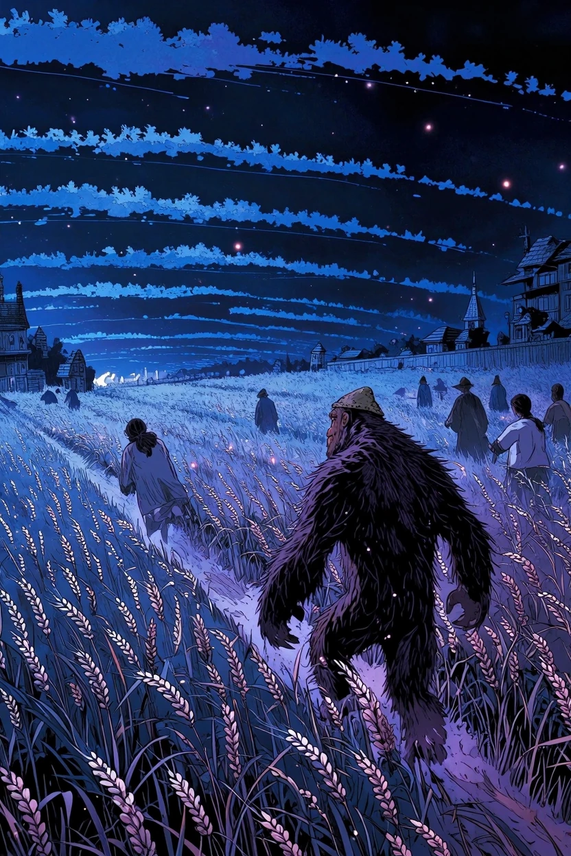 Wide cinematic shot of a twilight medieval field bathed in cool blue and violet light, wheat shimmering with a subtle silvery sheen, a sasquatch witho