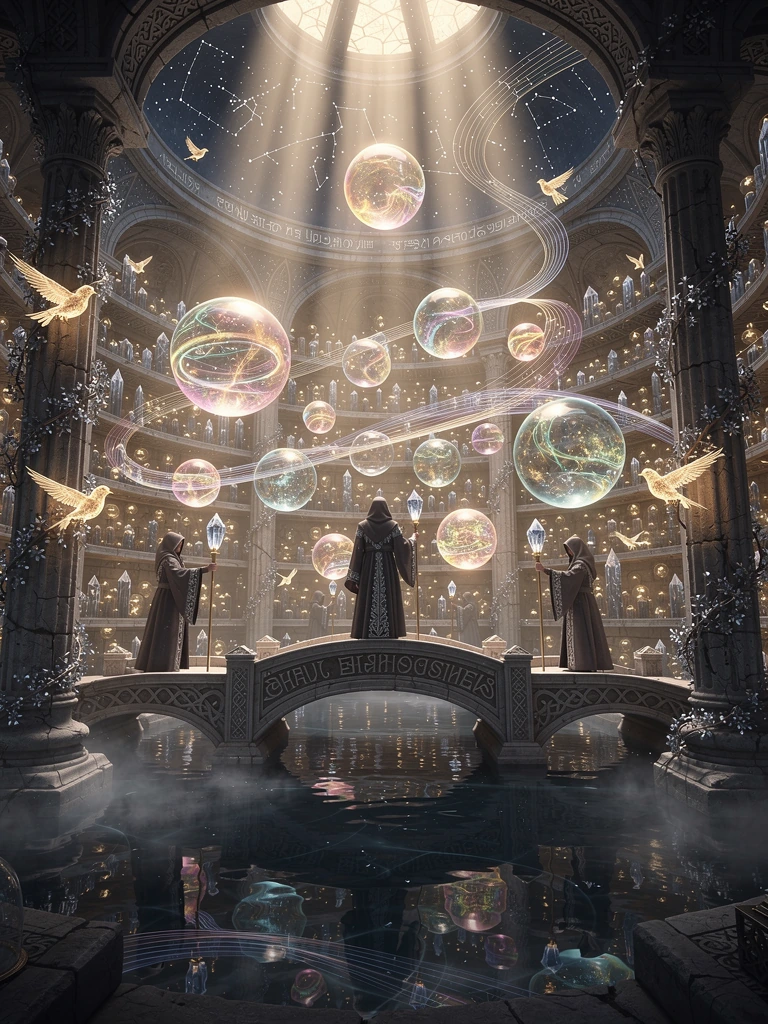 Deep beneath an ancient mountain lies a breathtaking circular chamber known as the Hall of Whispered Echoes, where every meaningful echo ever spoken is lovingly preserved. Thousands of glowing glass orbs float weightlessly through the vast cathedral-