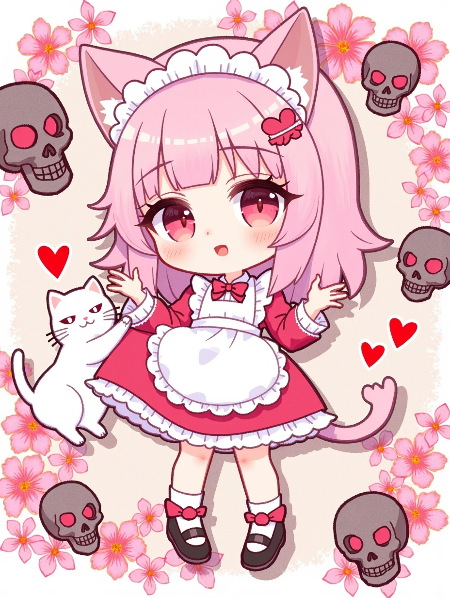 Cute chibi anime me maid girl, pink, Goth, skulls and hearts, with a cat, artsy background, cherry blossoms