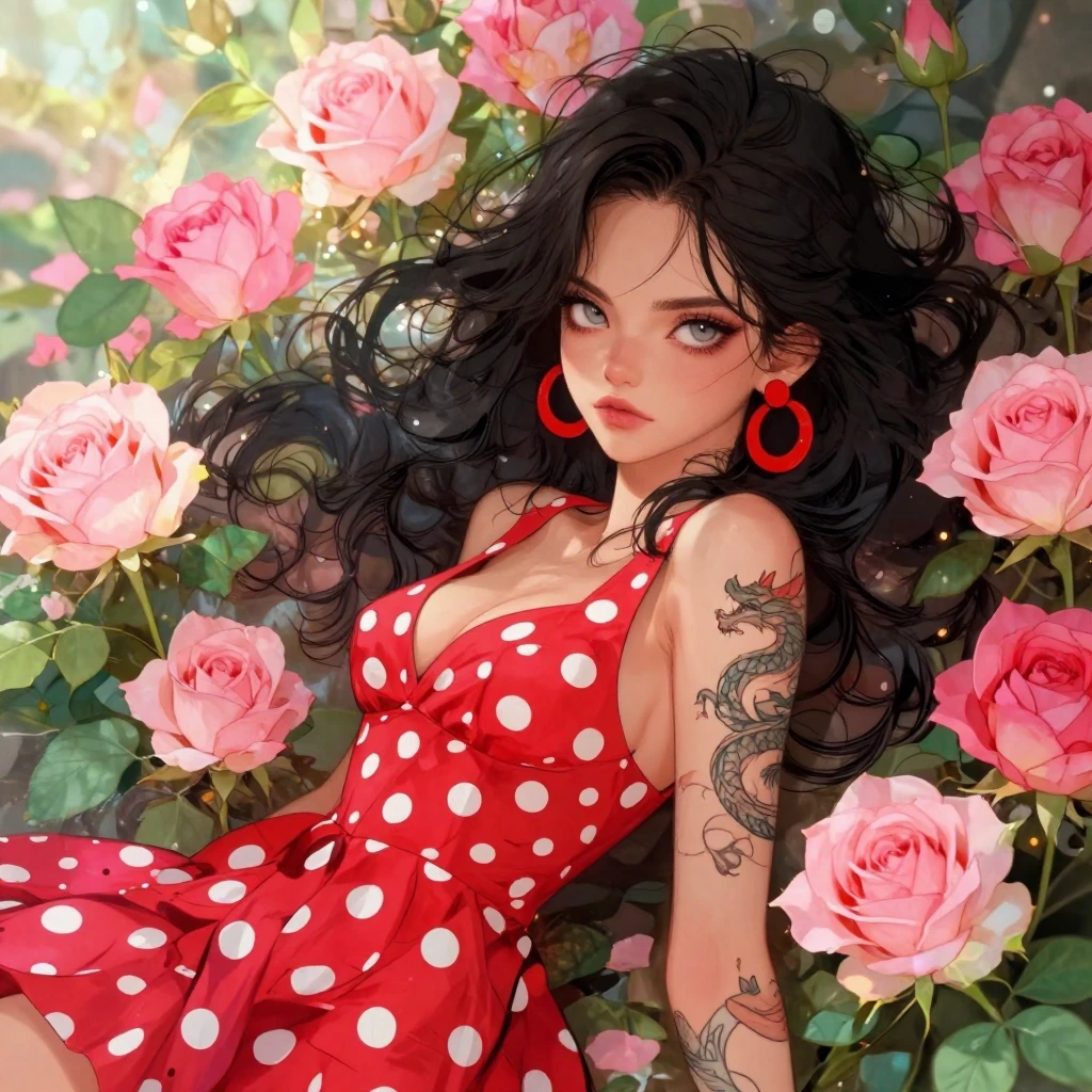 { "image": { "composition": { "framing": "character centered with floral elements surrounding", "visual_balance": "harmonious balance between characte
