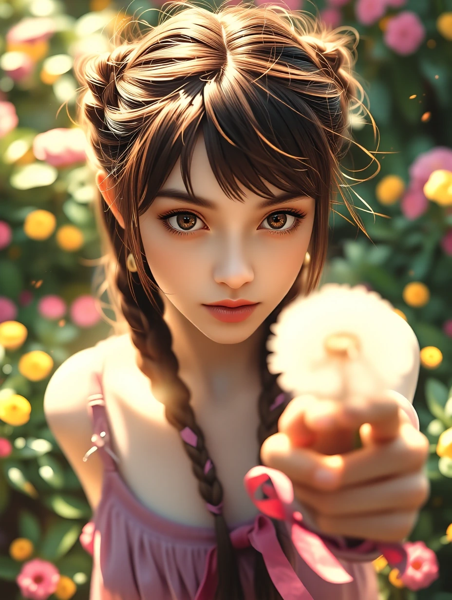 painterly, brush stroke, woman with pigtail braids , solo, long hair,, asymmetrical bangs, brown hair, messy hair, bangs, soft expression, gentle gaze