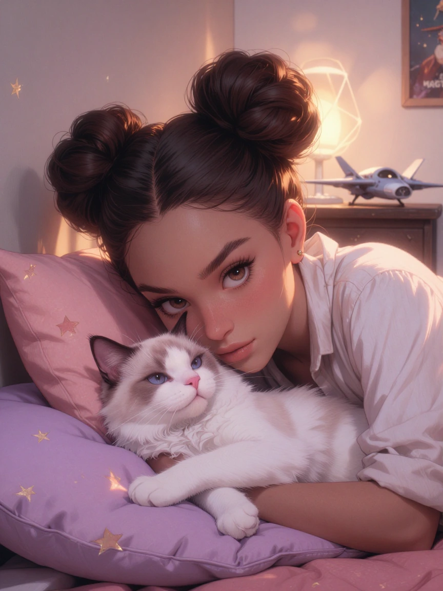 A close-up, intimate shot of the woman double space bun hair, hazel eyes, and her fluffy cat relaxing together in the cozy comfort-core room. They are