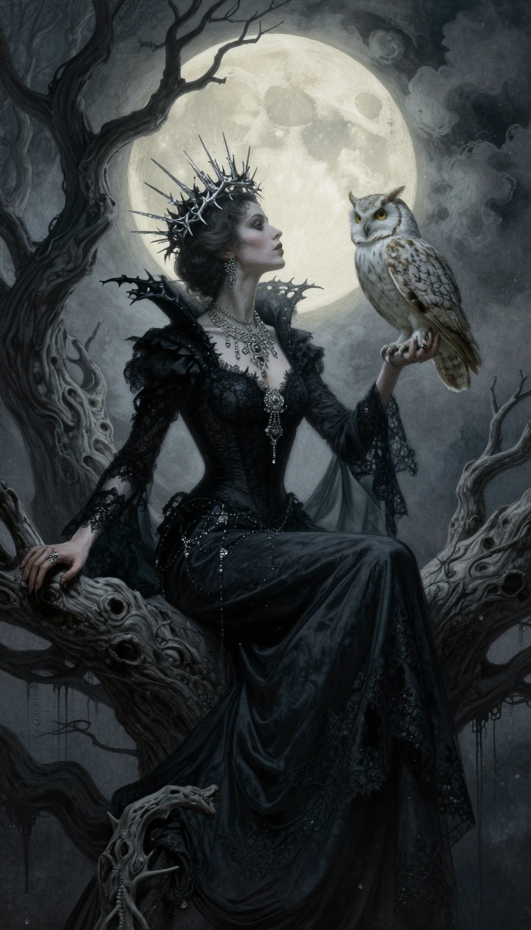 A detailed, high-resolution dark fantasy photograph of a gothic queen sitting on a system of gnarled, bare, sculptural tree branches under a large, gl