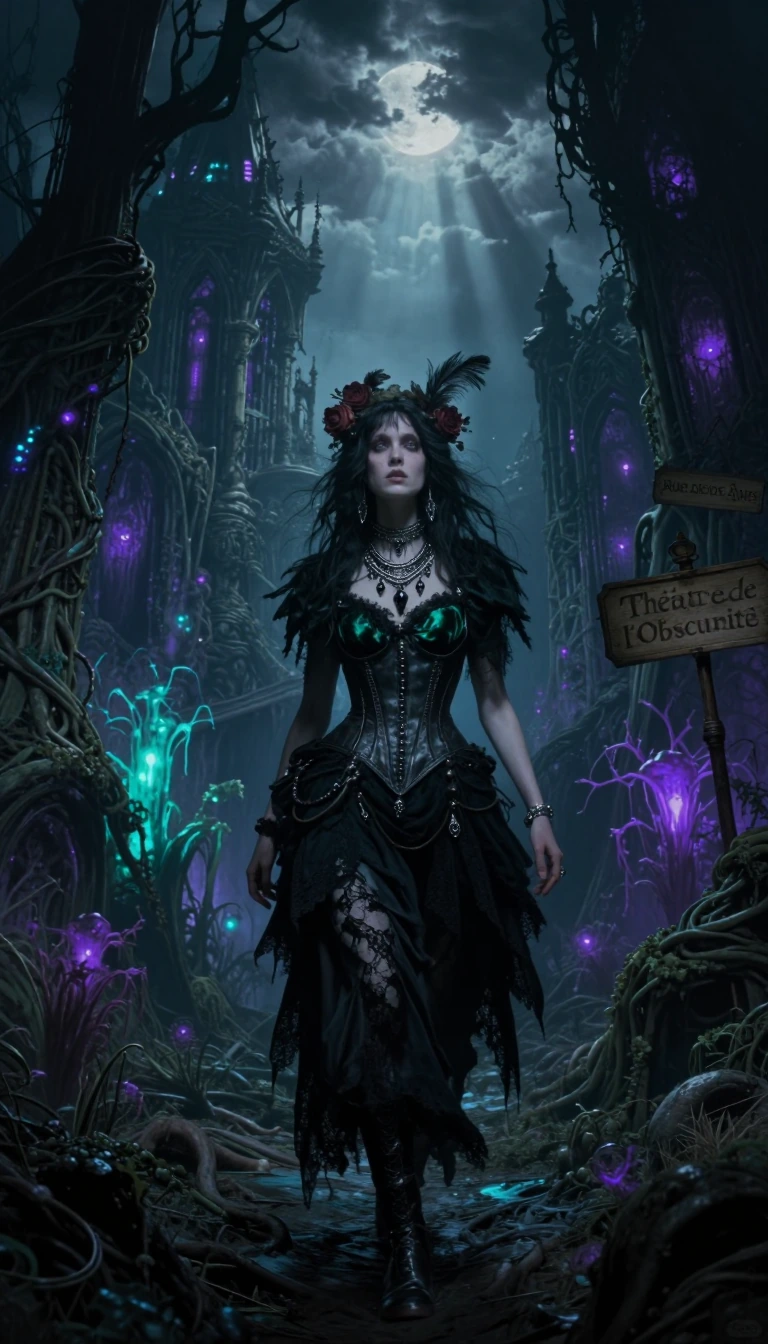 Cinematic, full shot, 9:16 aspect ratio. A dark gothic bohemian woman walking through "Fantomatique," a surreal and haunting city built entirely from twisted, sentient plants and ancient organic architecture. She wears a tattered black lace layered s