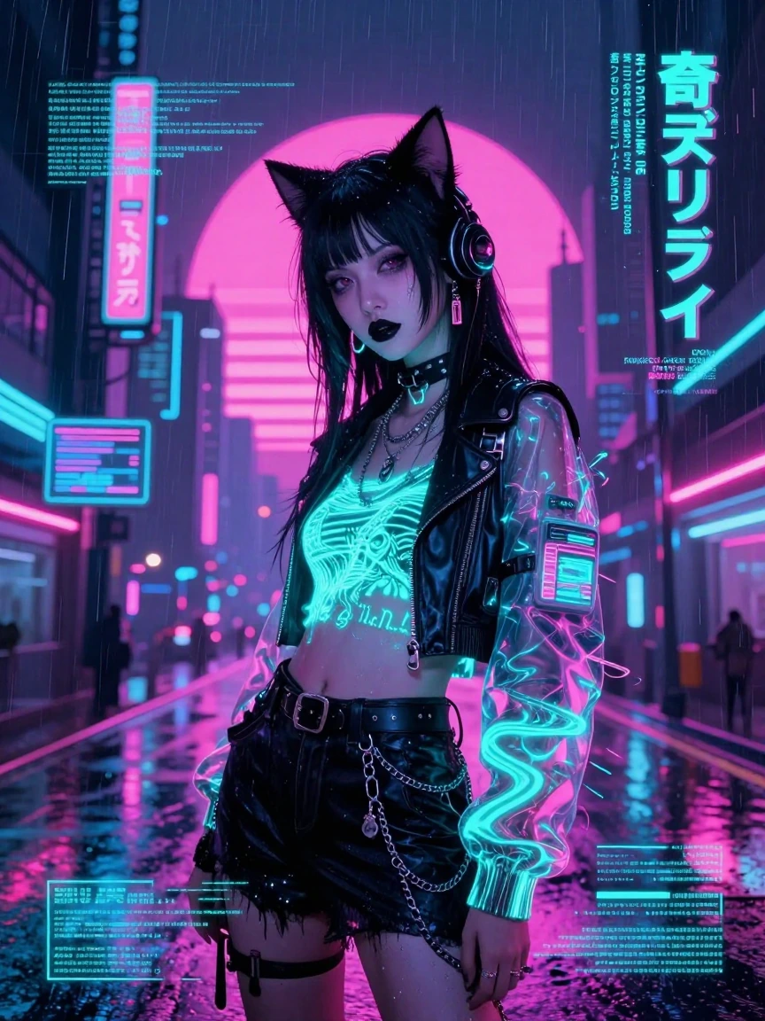Rainbow Goth cyberpunk woman with a cat, futuristic background