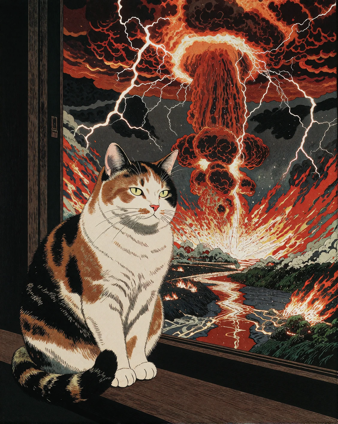 A calico cat perched on a windowsill in Ukiyo-e woodblock print style—bold flat color planes, black contour lines, minimal shading—gazing away with ha