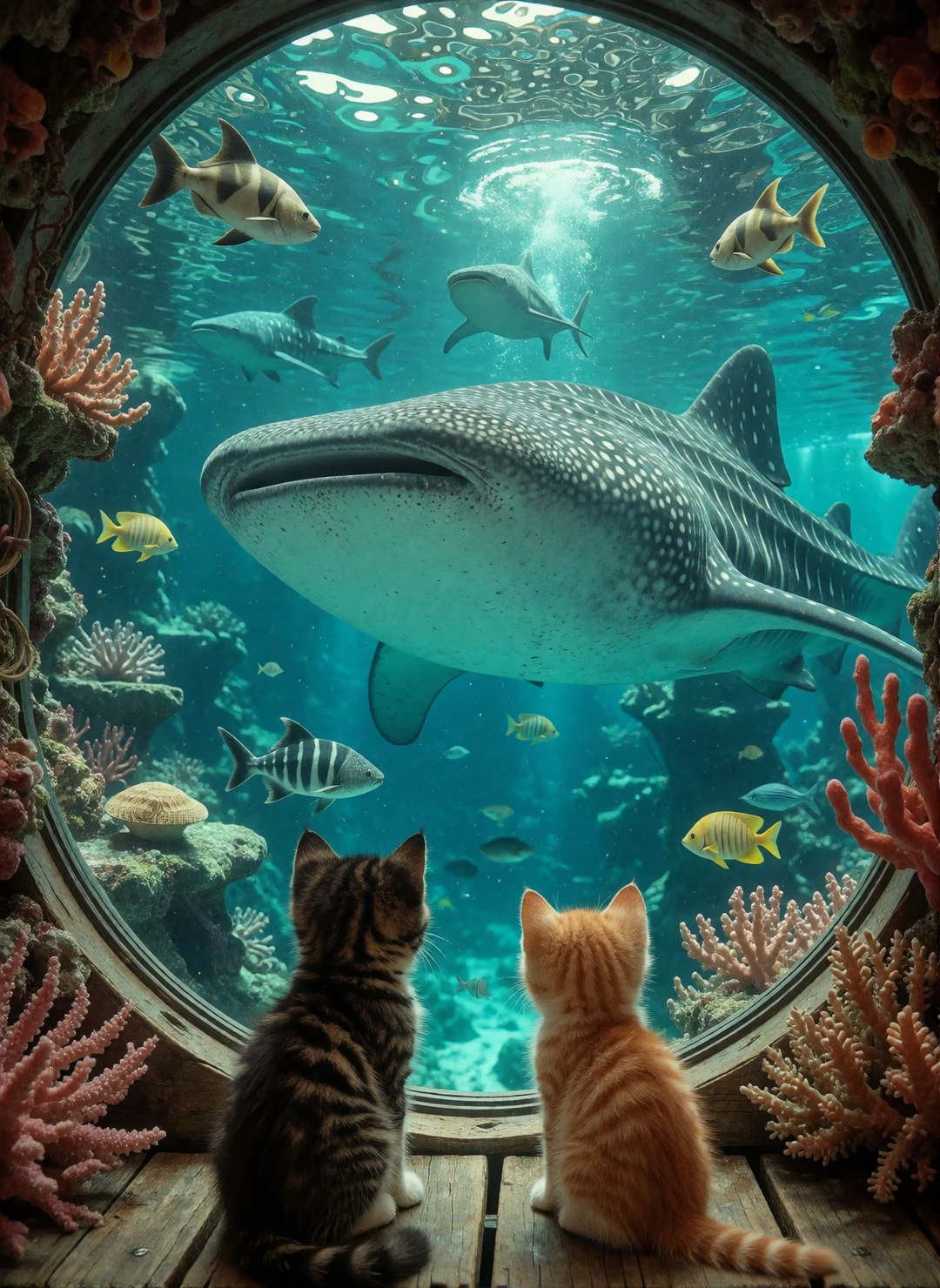 Whale shark paradise. Kittens watching from the dock