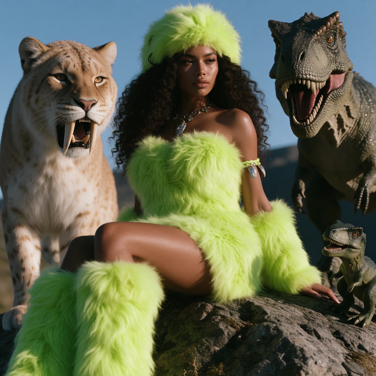 Beautiful woman in Stone Age fashion completely in neon fur. Minidress and boots, Make sure to add a sabertooth cat and a dinosaur pet
