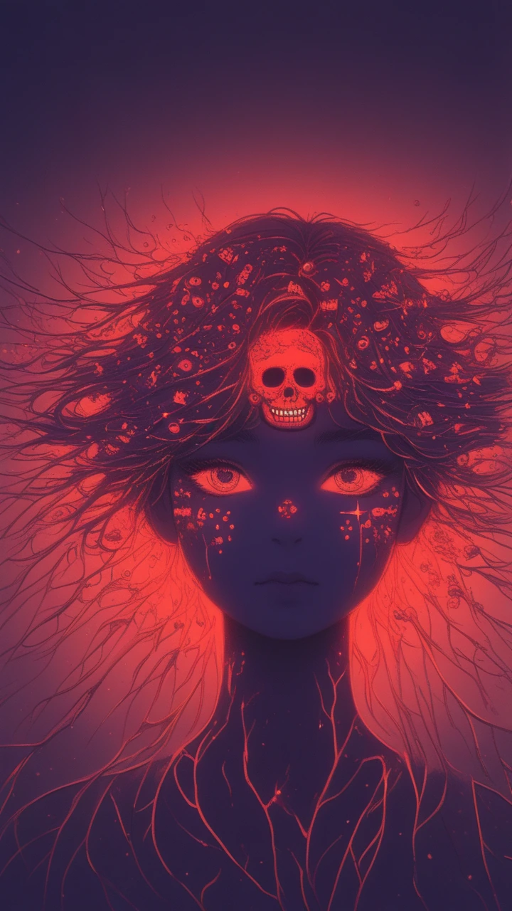 Double exposure of a beautiful woman and her deathwish