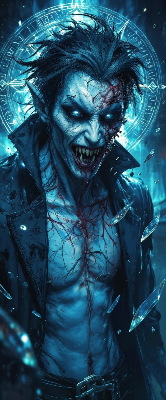 "A horrifyingly detailed vampire-werewolf hybrid with luminescent blue porcelain-like skin, glowing white eyes that pulse as if they are watching the viewer. His face is violently transforming—fractured shards of his skin breaking away, revealing raw