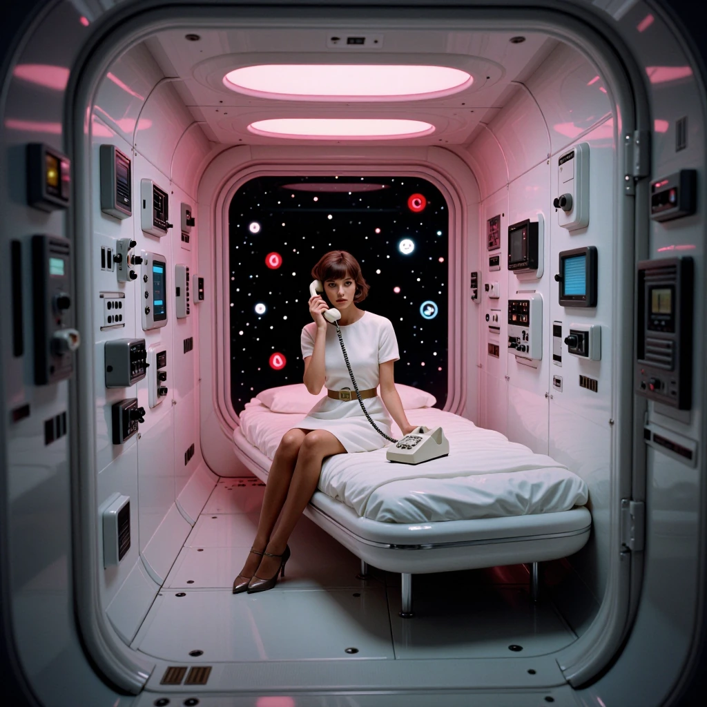 Surreal retro-futuristic interior shots. A young woman in a 1960s white mod dress sits on a sleek, minimalist white bed aligned vertically in a narrow, centrifuge bedroom on a space station. She is looking at the viwer, talking on a vintage white rot