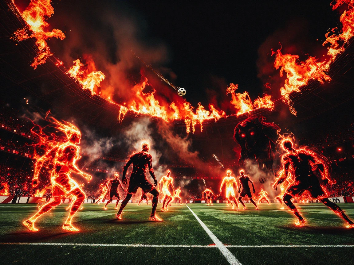 A dramatic nighttime soccer match inside a massive burning stadium, towering inferno consuming the architectural structure, billowing orange and crimson flames dancing across the grandstands, thick black smoke curling into the dark sky, intense heat