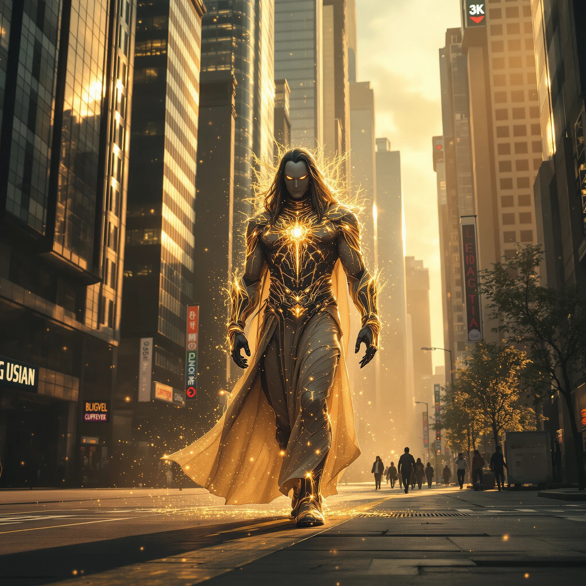 A superhuman figure with ancient features walks solemnly through a modern city, glowing faintly with an ethereal aura, towering skyscrapers and bustling streets surrounding them, captured in a wide-angle shot with golden-hour lighting casting long sh
