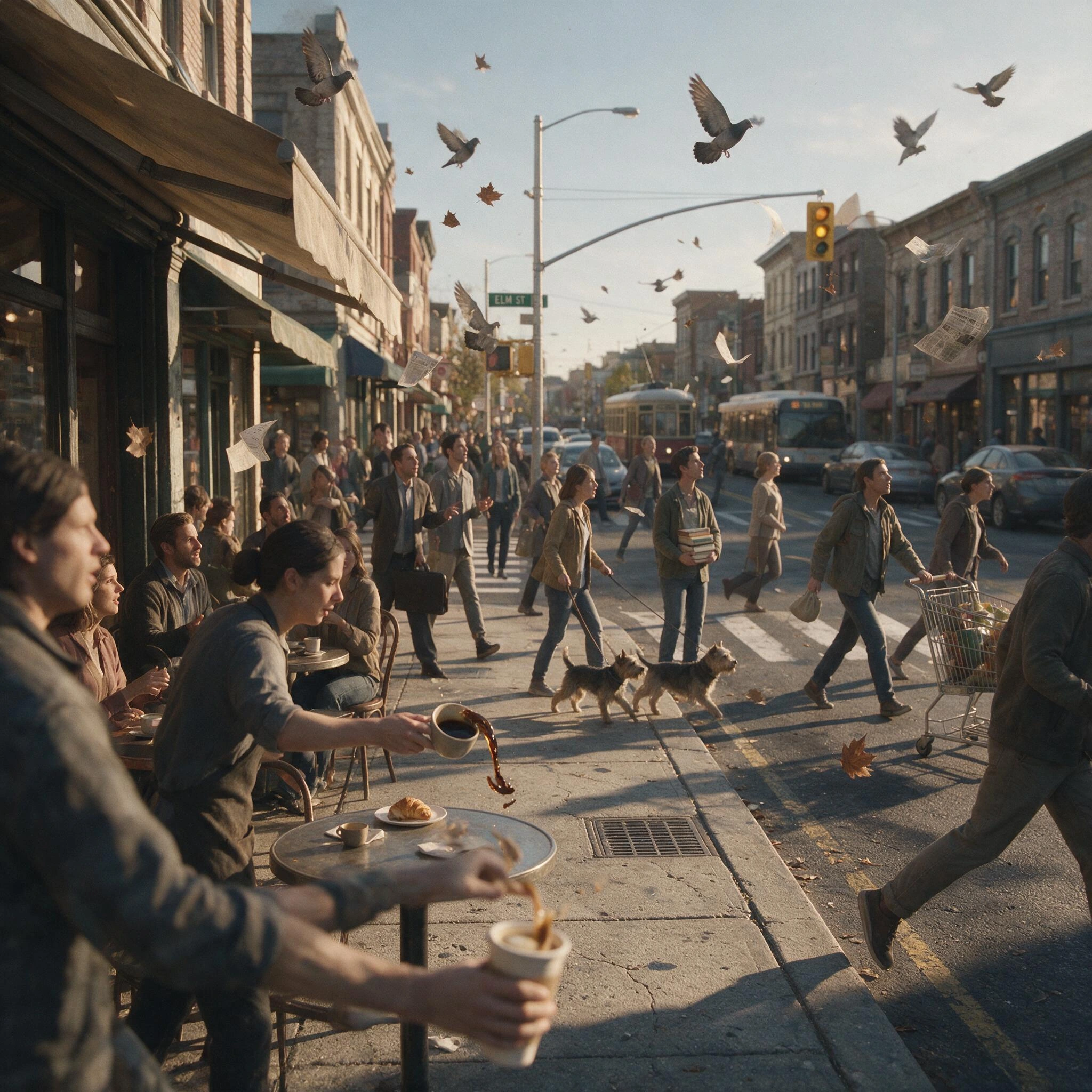 Crowded urban street at golden hour, every person and bird mid-motion frozen in a single shared glance toward an unseen point beyond the frame—coffee mid-pour from a tilted cup, a pigeon suspended with wings half-open, leaves hanging in the air, traf