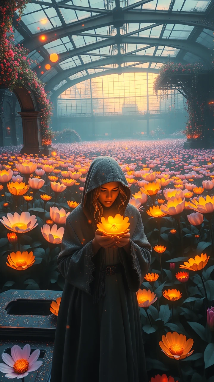 A breathtaking enchanted sanctuary at twilight where the keeper of the very last bee protects a magnificent ancient garden hidden inside a forgotten g
