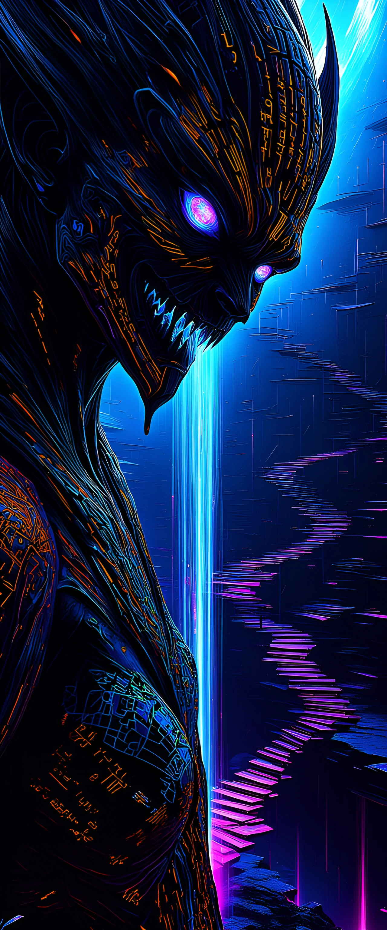 A hyper-detailed, macro-photography portrait of a transcendent, apex demonic entity made entirely of highly polished, Vantablack-like obsidian. The entity’s surface is intricately etched with microscopic, glowing gold cuneiform script and binary code