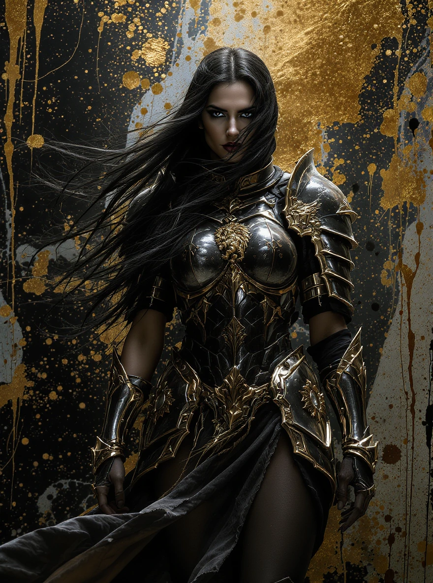 beautiful fierce warrior woman with long flowing black hair dramatically wind-swept, intense direct gaze, ornate dark gold fantasy armor with lion emblem on chest and layered pauldrons, tattered gold-accented skirt with high slit, abstract black and 
