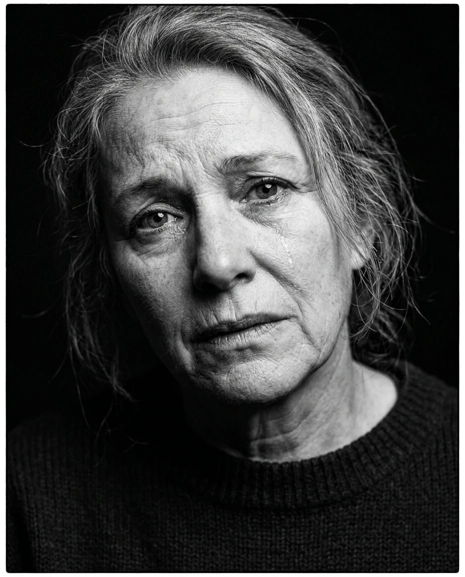 A dramatic close up portrait photograph of a deeply emotional person with intense eyes and raw facial expression, subtle skin texture and powerful cha