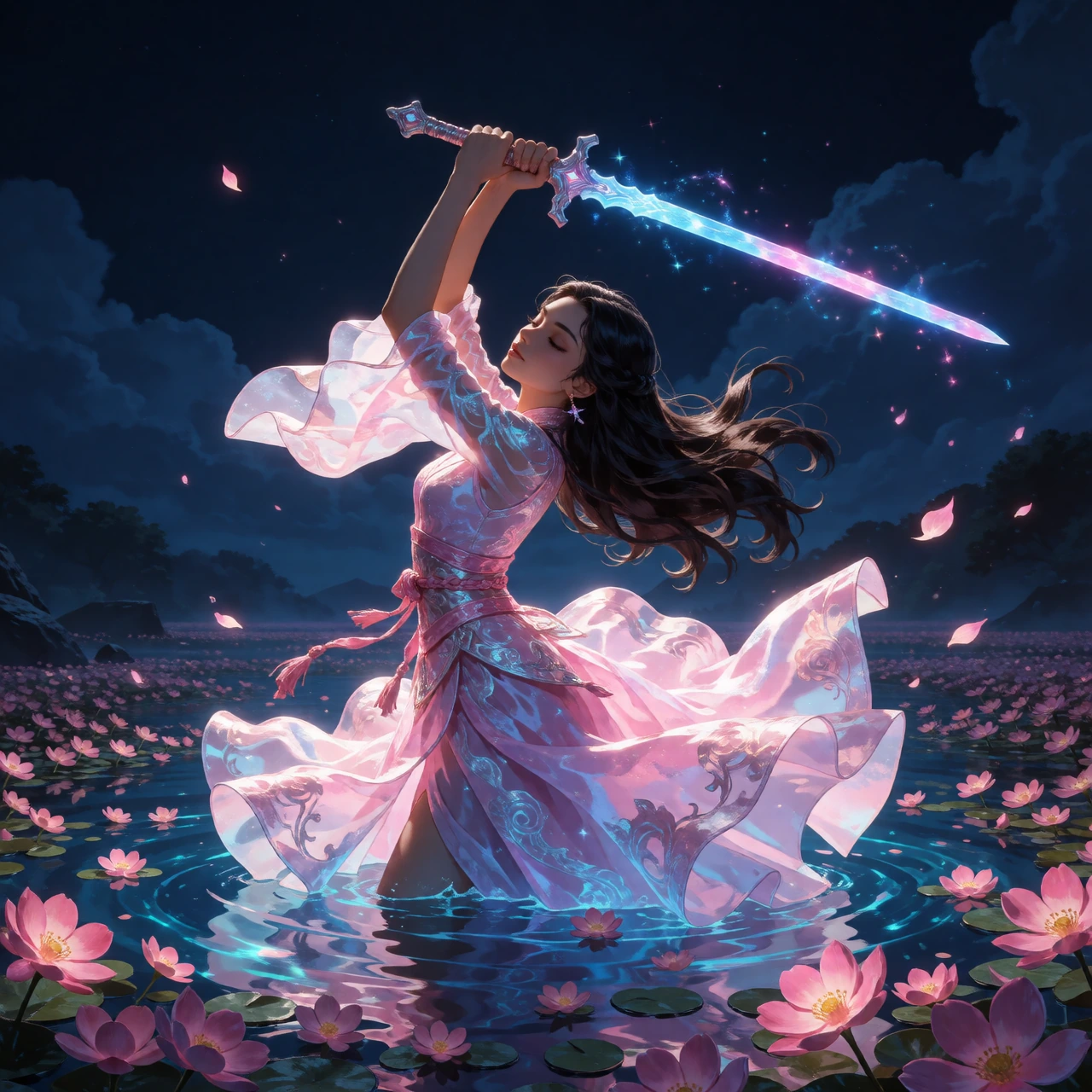 A woman make a sword dance with her glowing sword in the lake of flowers. She es naked just her and the cold of the night training her moves to be as perfect as she can.
