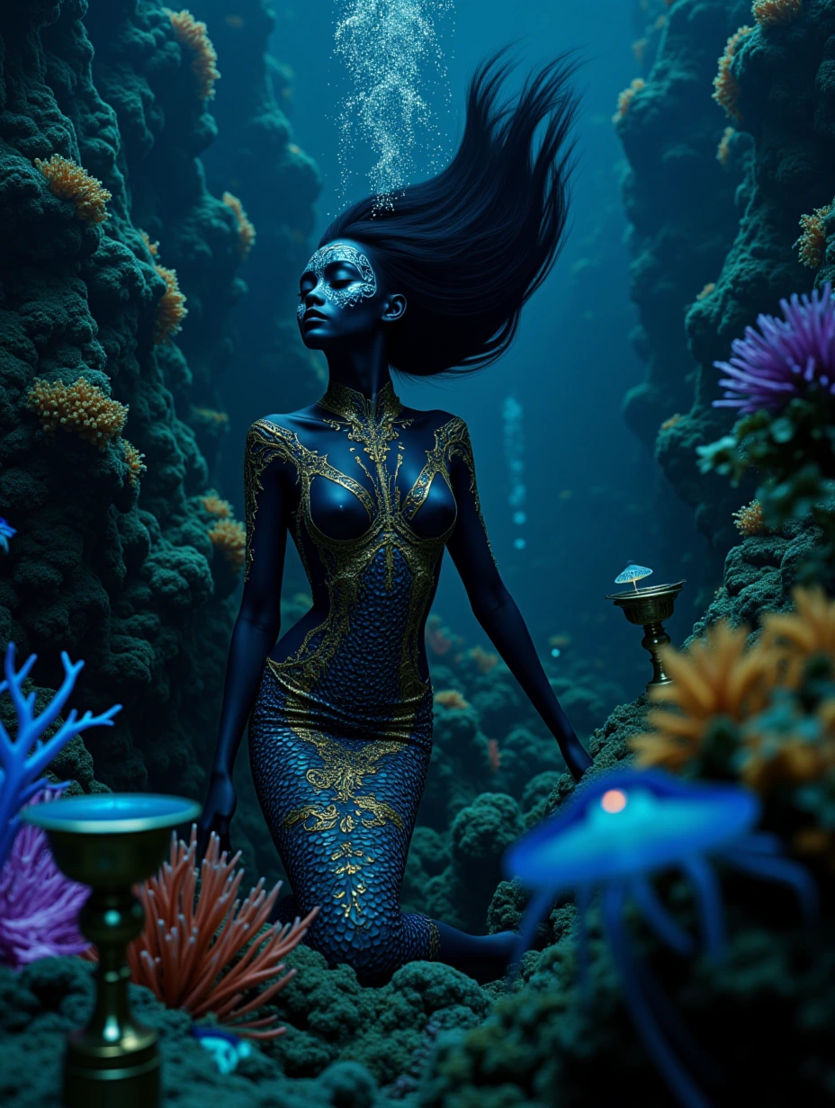 Cinematic underwater portrait, regal mermaid with deep olive skin, striking aquamarine bioluminescent facial patterns, luminous ethereal beauty, long 
