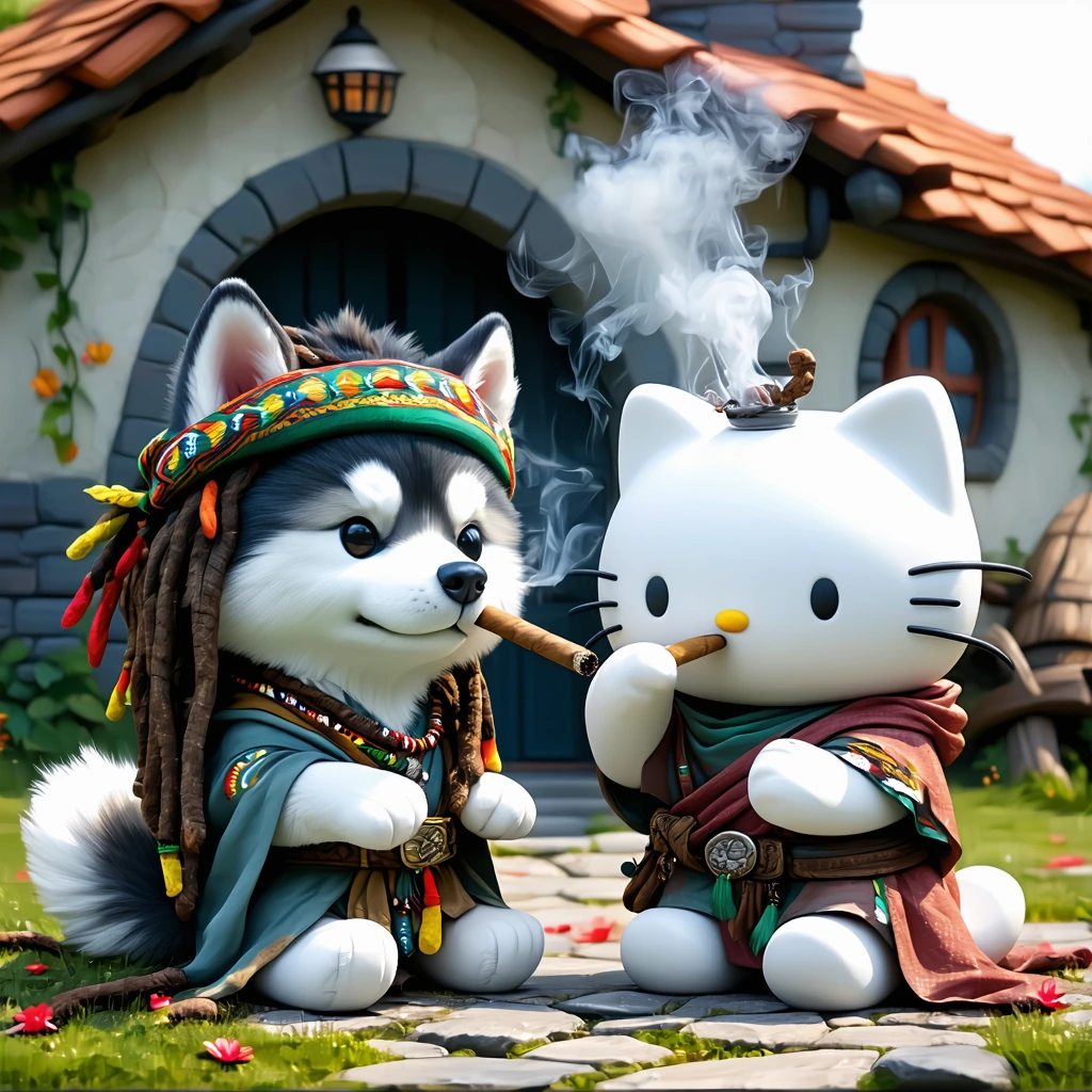Eclictic cartoon image, pixar style of “Hello Kitty” smoking a blunt, Hello Kitty is sitting next to a Human-like Husky dressed in rastafari clothes and who is also smoking a blunt, both have bezalld expressions on their face, background is Hello Kit
