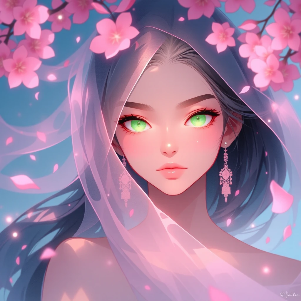 Soft wind moves her veil and hair, glowing cherry blossom petals drifting around her, pink lights gently sparkling. She slowly raises her head and opens her eyes, revealing luminous emerald eyes, dreamy magical atmosphere, calm water shimmering in th