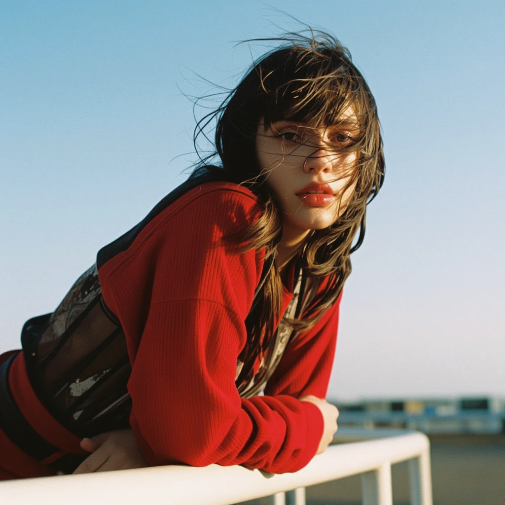 Create a portrait of a young woman leaning over a white railing, gazing intensely at the viewer. She is wearing a vibrant red ribbed long-sleeved shir