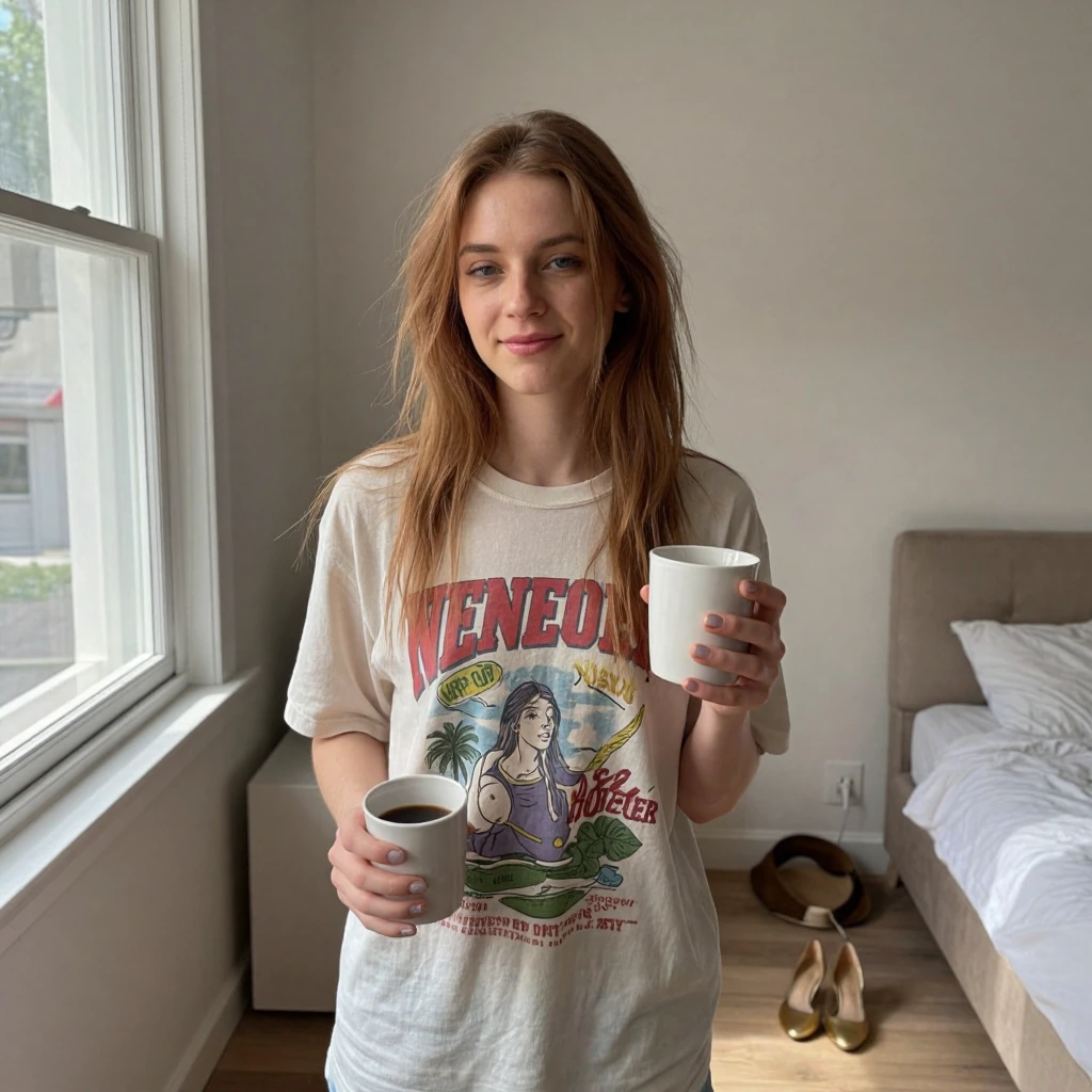 Next day, early afternoon light filling the room again. A pretty 21 year old pre-op transgender woman with a slender build and small natural HRT bust takes a final, casual snap. She’s wrapped in a vintage 1990s oversized t-shirt with a graphic design