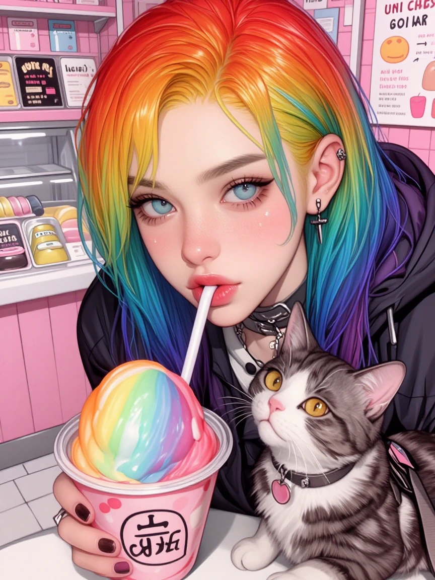 Woman, rainbow hair at the ice cream shop. Rainbow sherbet. With her cat. Tiny Cup for kitty of rainbow sherbet. Airbrushed, realistic, manga style a little crazy.