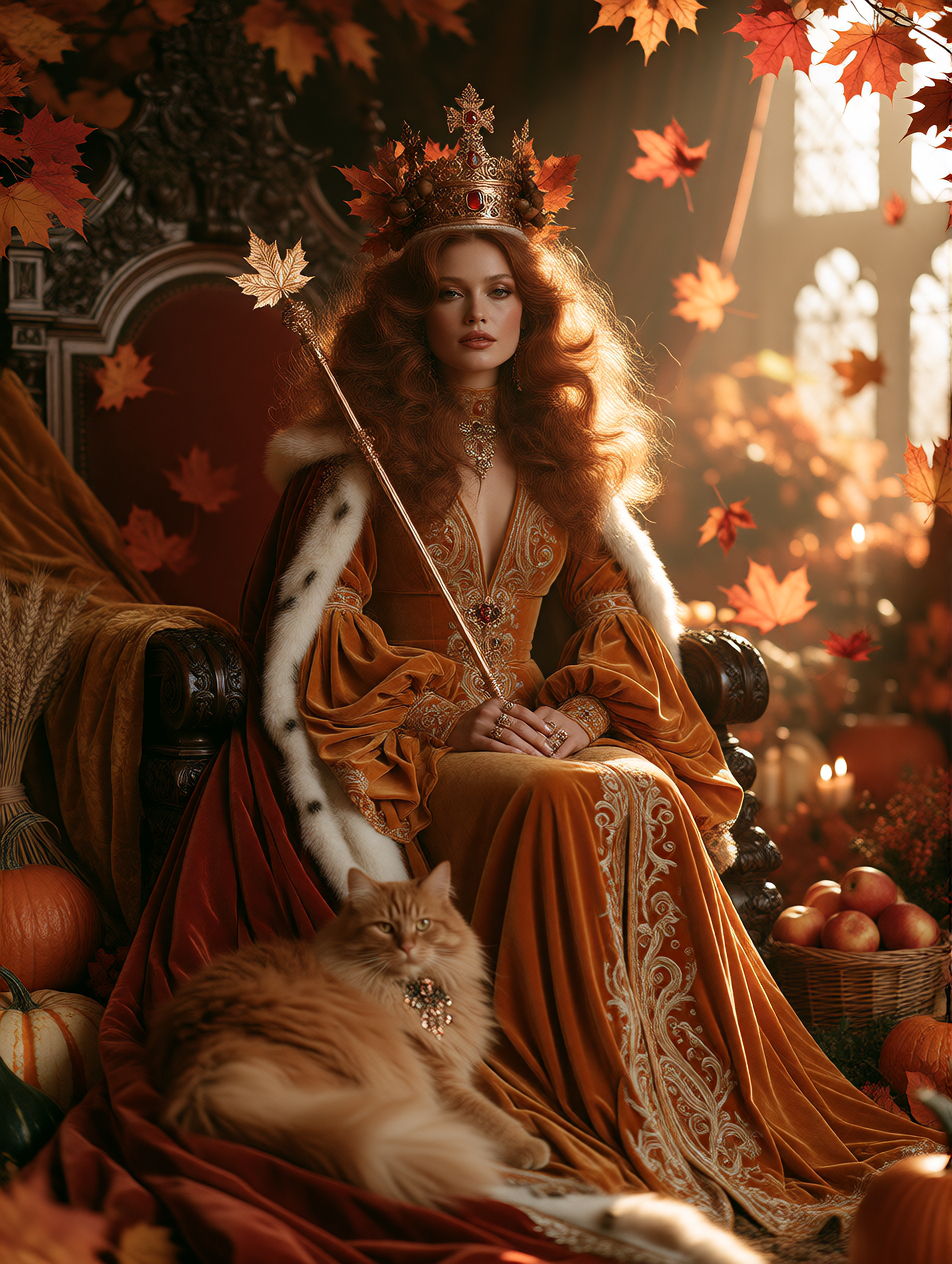 Dreamlike portrait of a regal autumn queen with unmistakable 1970s style: voluminous feathered auburn hair, warm bronze eyeshadow, glossy terracotta lips, wearing a flowing burnt-orange and mustard velvet gown with bell sleeves, embroidered gold pais
