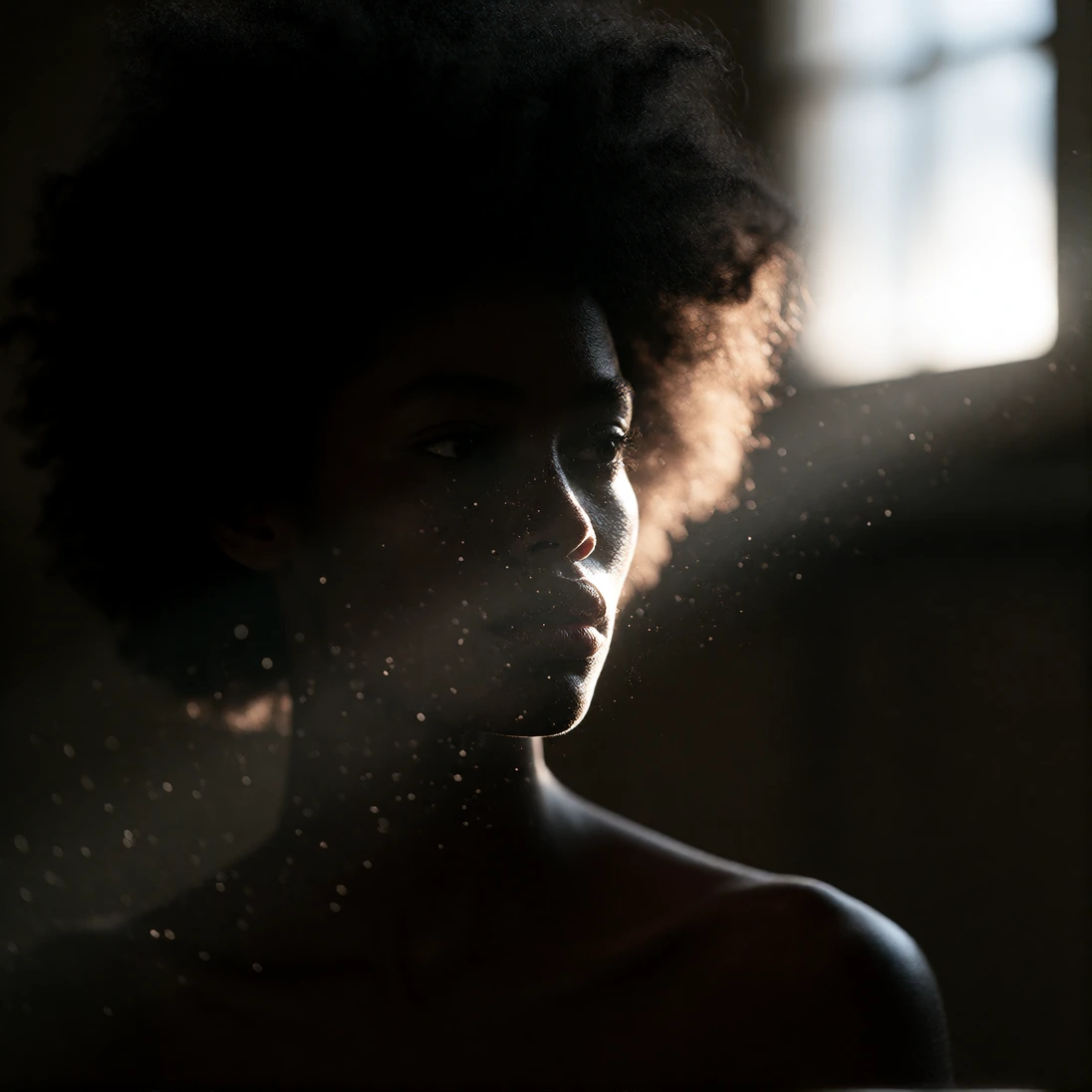 A close up portrait of a dark afro hairdo beautiful black woman. Her body and face are partially obscured by darkness, the only light in the picture comes from a small window letting in a weak beam of light that lights up the womans face diagonally. 
