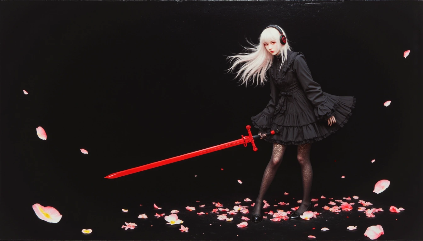 1girl, solo, holding a longsword, red sword, red eyes, long hair, white hair, headphones, black dress, Frills, lace stockings, high heels, lace gloves, dark background, Petals, blood, limited palette, hyperrealistic, photorealistic, oil painting, for
