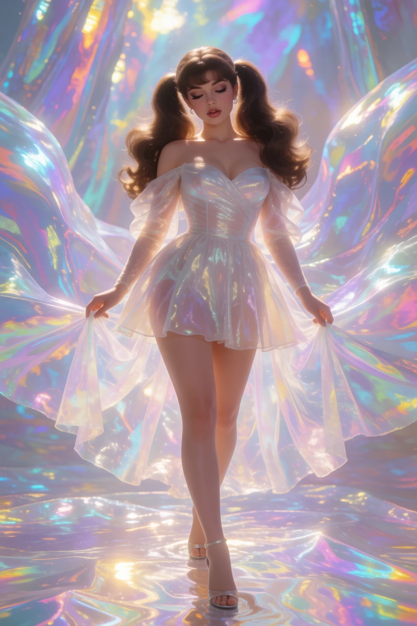 'shimmering iridescent surfaces with poetic surreality, dreamlike ethereal glow, iridescence and shimmer effects, surreal poetic atmosphere, a bombshell brunette woman with twin tails in a surreal dream, in a daze, half asleep, walking slowly in a bi
